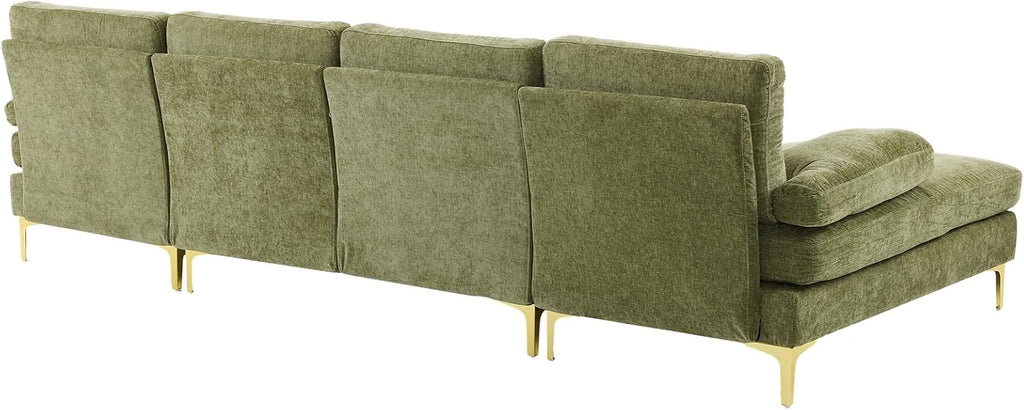 Karl home Convertible Sectional Sofa 110' U-Shape Sofa Couch 4-Seat Couch with Chaise ChenilleFabric Upholstered for Living Room, Apartment, Office, Green