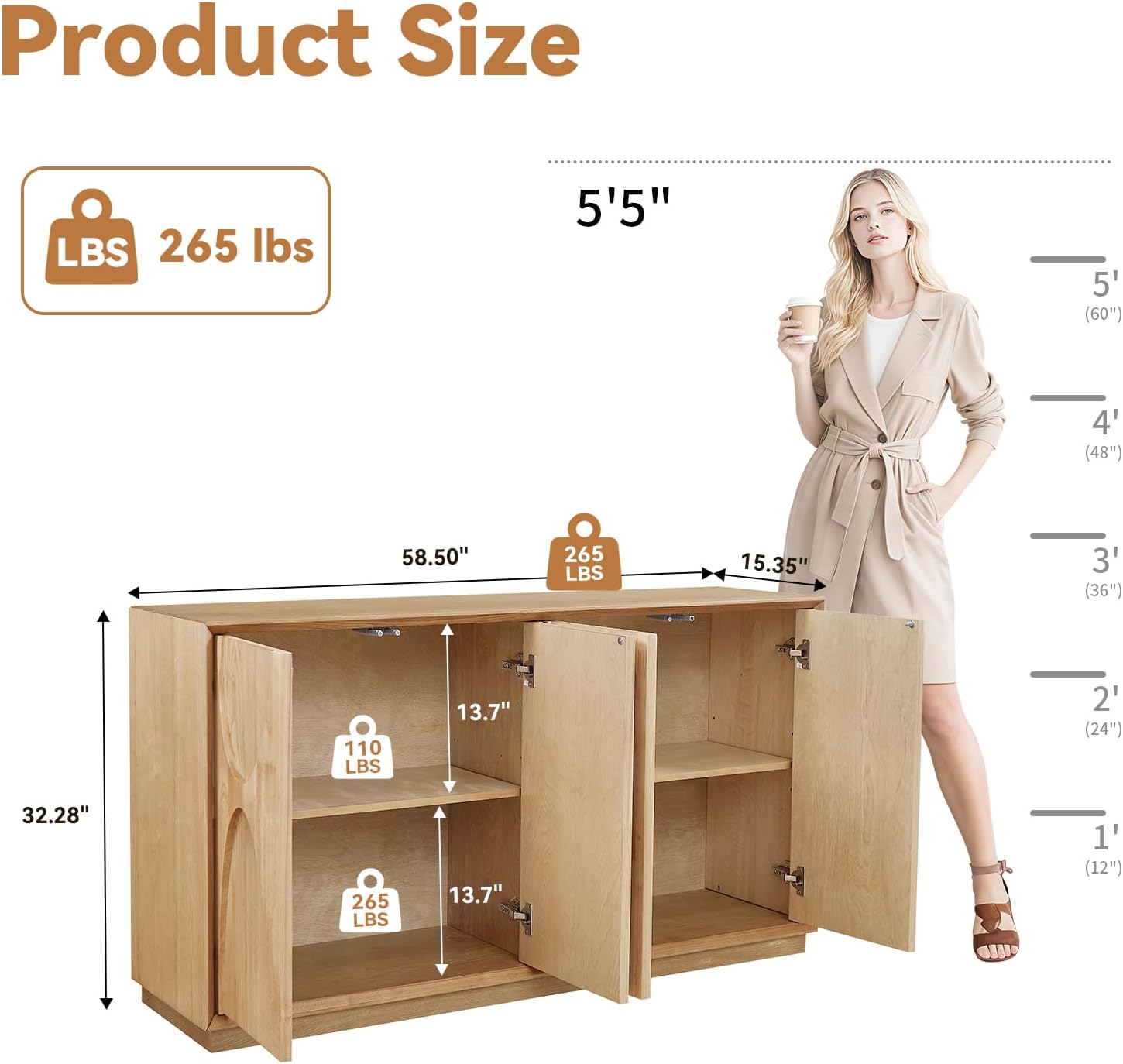 LKTART 59' Sideboard Buffet Cabinet Retro Accent Storage Cabinet with Magnetic Door Latches Adjustable Shelf for Living Room Kitchen(Natural Oak)