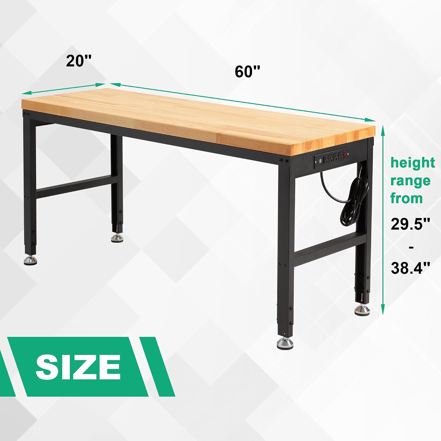 HABUTWAY Height Adjustable Workbench, 60'x20' 2000 Lbs Capacity Solid Wood Work Station Heavy-Duty, with Power Outlets, for Garage Party Shop Office