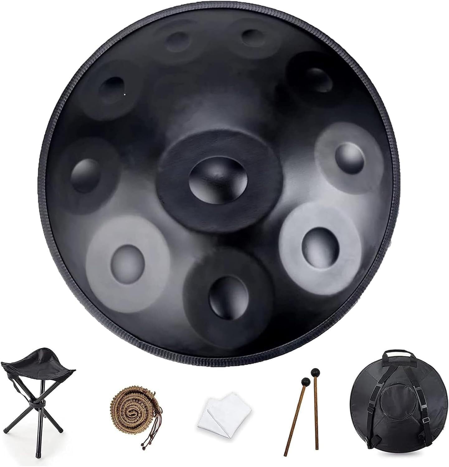 YAYUZEST Advanced Adult Handpan, 22-Inch 10-Note 440Hz D Minor Kurd Steel Drum with Soft Bag, 2 Mallets, Stand and Dust-Free Cloth (Black)