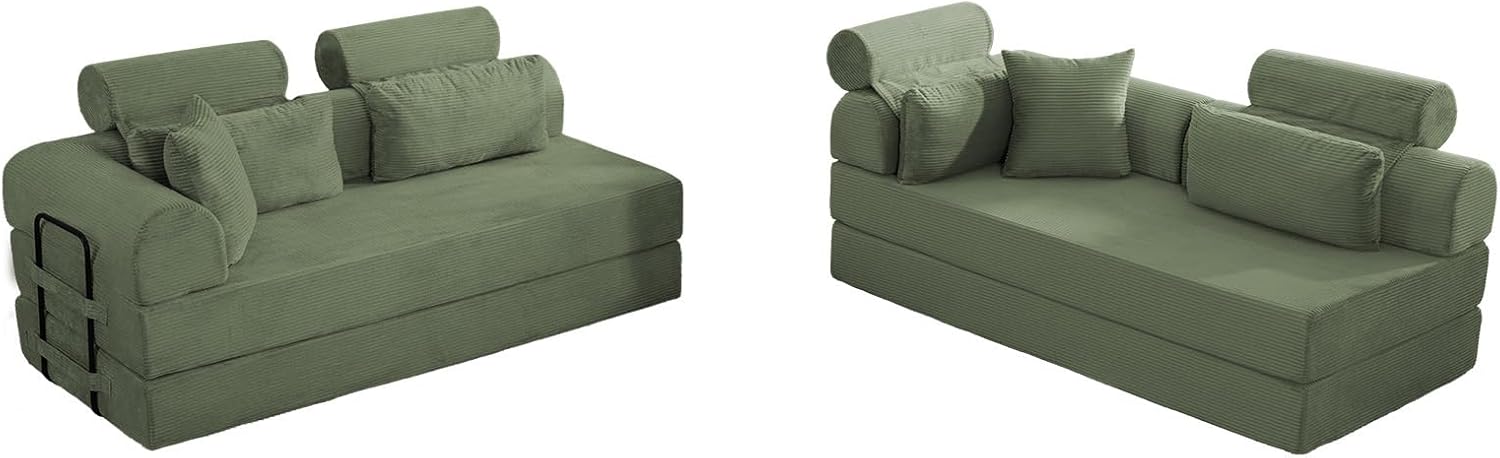KEIKI 6-in-1 Folding Convertible High Back Sofa Sleeper, 106' Oversized Modular Sectional Corduroy Upholstered L Shape Couches for Living Room, Deep Cushion for Open Concept Living, Grayish Green