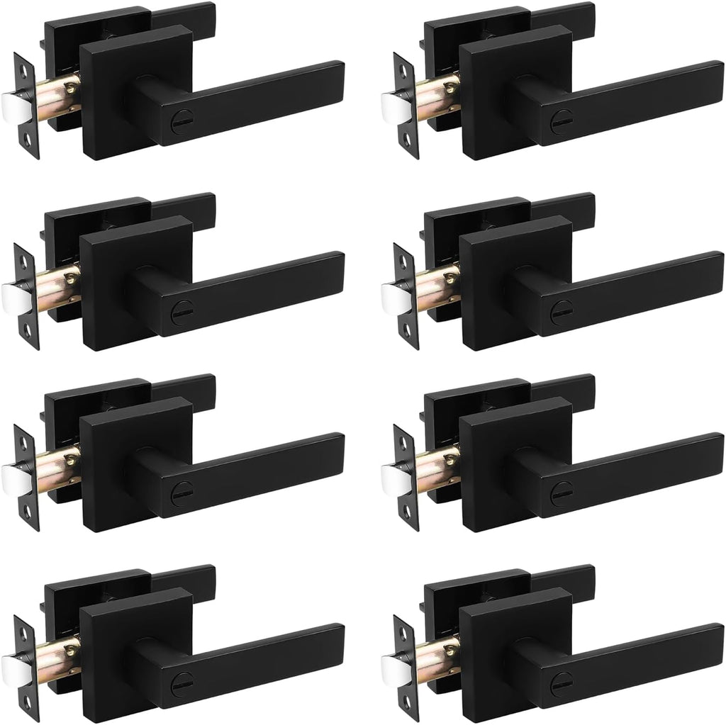 Probrico 8 Pack Square Privacy Door Levers Black Privacy Door Handles Lock Handleset Keyless Lockset Door Knobs Interior Handles for Bedroom & Bathroom