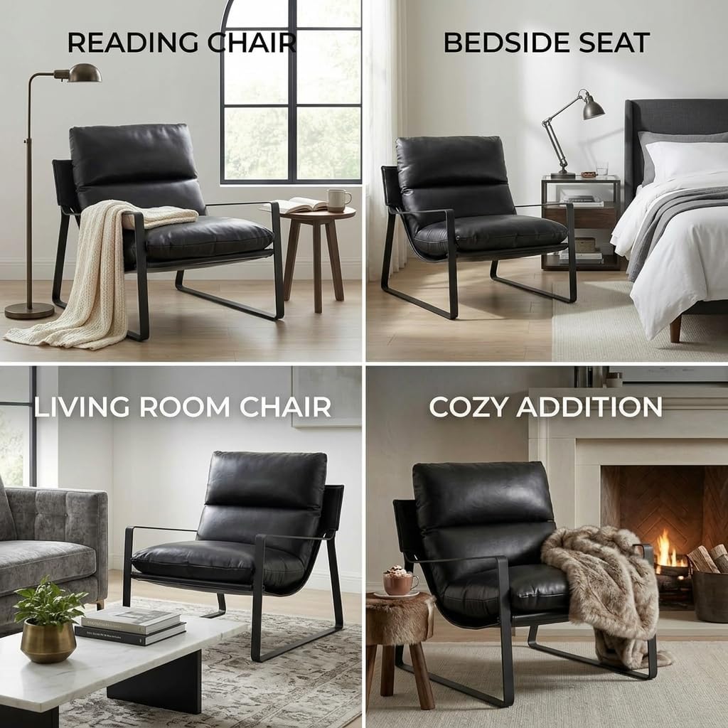 Ya-Home Mid-Century Accent Chair, Comfy PU Leather Side Chair with Armrest, Upholstered Leisure Chair with Black Metal Frame for Living Room Bedroom Reception Room, Black