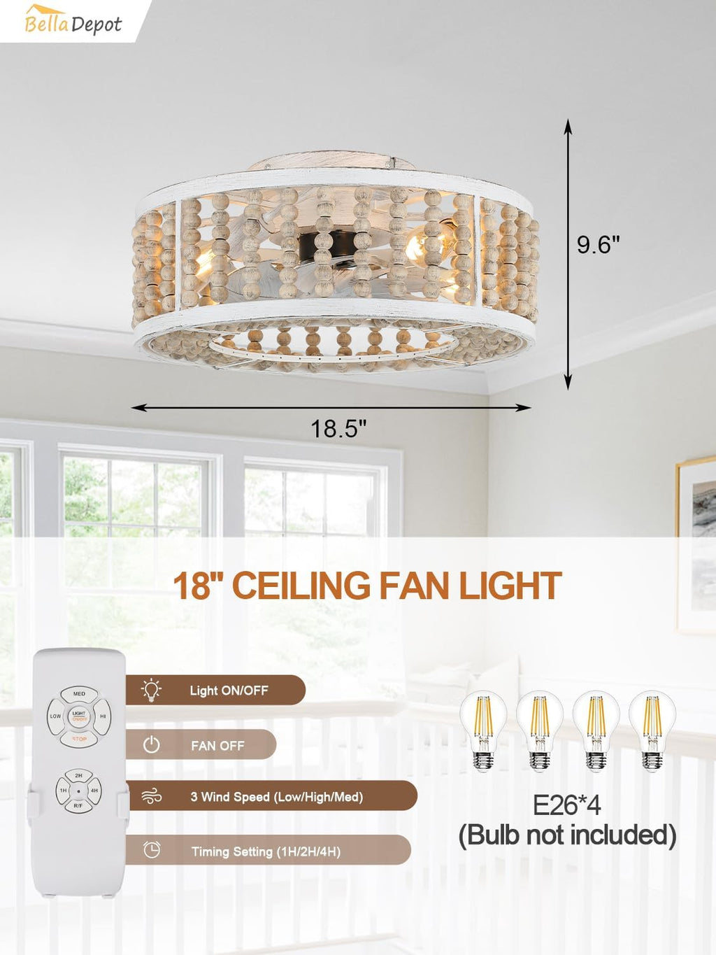 Bella Depot 20' Boho Ceiling Fan with Light, Flush Mount Wood Beaded Fandelier Chandelier Fan, 6 Speeds Reversible Bladeless Ceiling Fan for Bedroom Living Room Kitchen(Cool Wood)