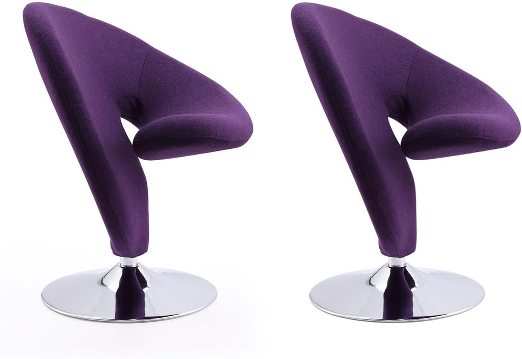 Manhattan Comfort Curl Mid Century Modern Wool Blend Upholstered Living Room Swivel Accent Chair with Chrome Metal Base, Set of 2, Purple