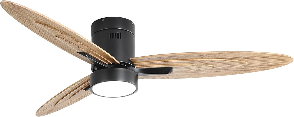 56 Inch Flush Mount Ceiling Fan with Light and Remote Control, 3 Solid Wood Blades Reversible DC Motor Black for Living Room