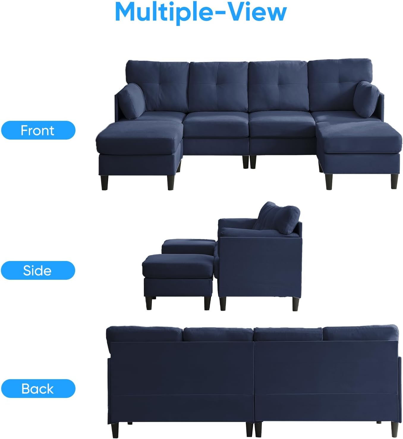 PUREMIND Sectional Couches for Living Room, Modern Snow Velvet U-Shaped Sofa Couch with Double Chaise, Upholstered 4 Seater Home Sofa for Living Room, Apartment, Office,Blue