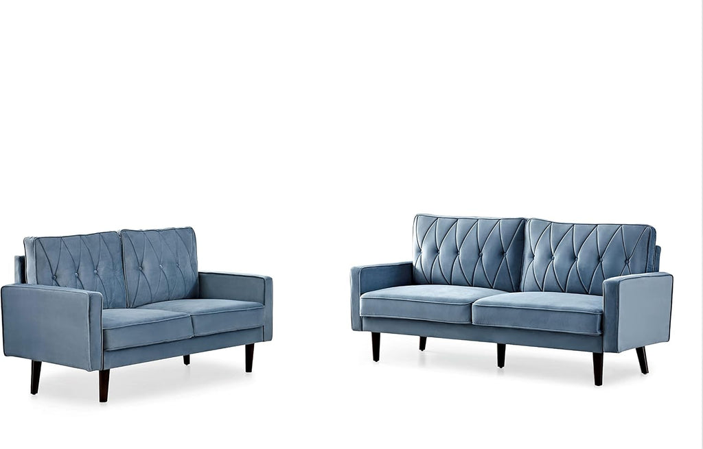 Container Furniture Modern Style Tufted Velvet Couches for Living Room with Soft Fabric Upholstery and Solid Wood Frame, 2 Piece Sofa and Loveseat Set, Light Grayish Cyan