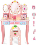 HONEY JOY Kids Vanity, Strawberry Princess Wooden Makeup Dressing Table & Chair Set w/Real Glass Tri-Fold Oval Mirror & Accessories, Detachable Top, Pretend Play Vanity Set for Little Girls(Pink)
