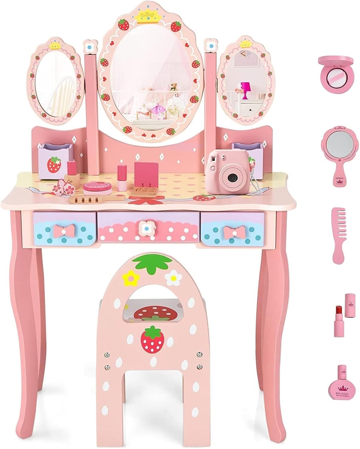 HONEY JOY Kids Vanity, Strawberry Princess Wooden Makeup Dressing Table & Chair Set w/Real Glass Tri-Fold Oval Mirror & Accessories, Detachable Top, Pretend Play Vanity Set for Little Girls(Pink)