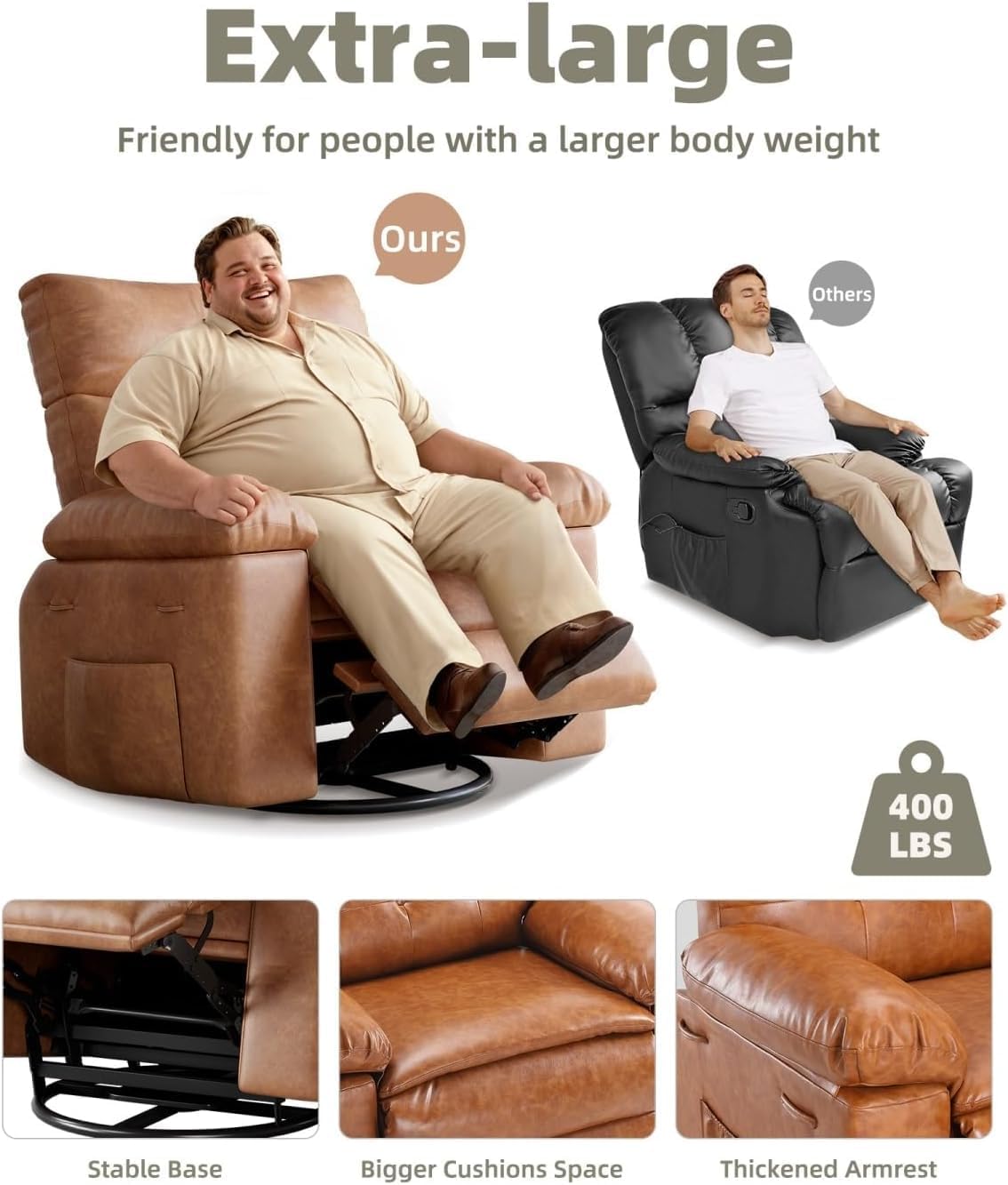 Oversized 360° Swivel Rocking Recliner Chair with Massage & Heat - Remote Control Lazy Chair for Adults, Ergonomic Recliner for Living Room, Bedroom, Nursery, Vintage