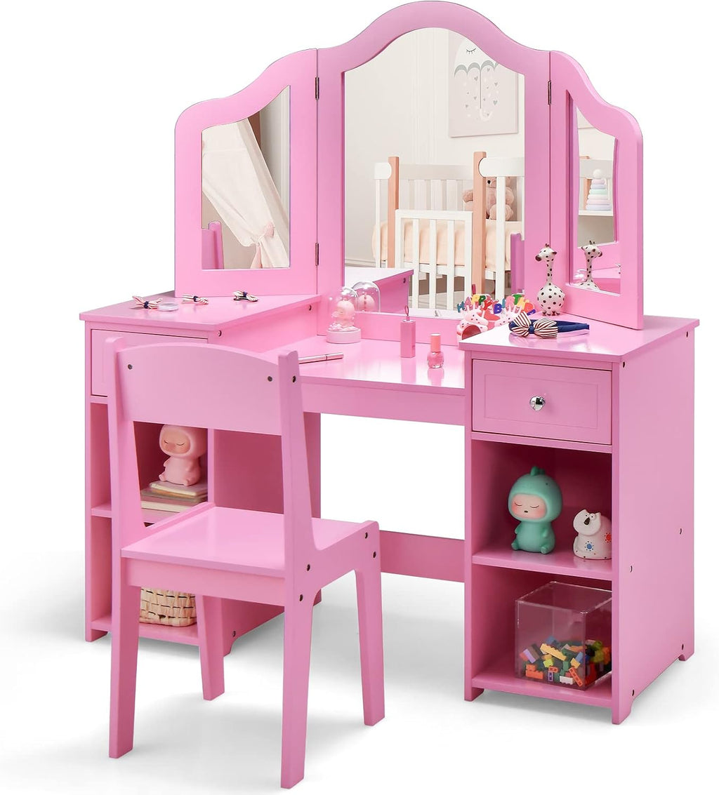 AKUSTIK Kids Vanity, 2 in 1 Wooden Princess Makeup Table and Chair for Toddlers with Tri-Folding Detachable Mirror, Storage Drawers for Little Girls, Pretend Beauty Dressing Desk Play Set Toy Gift