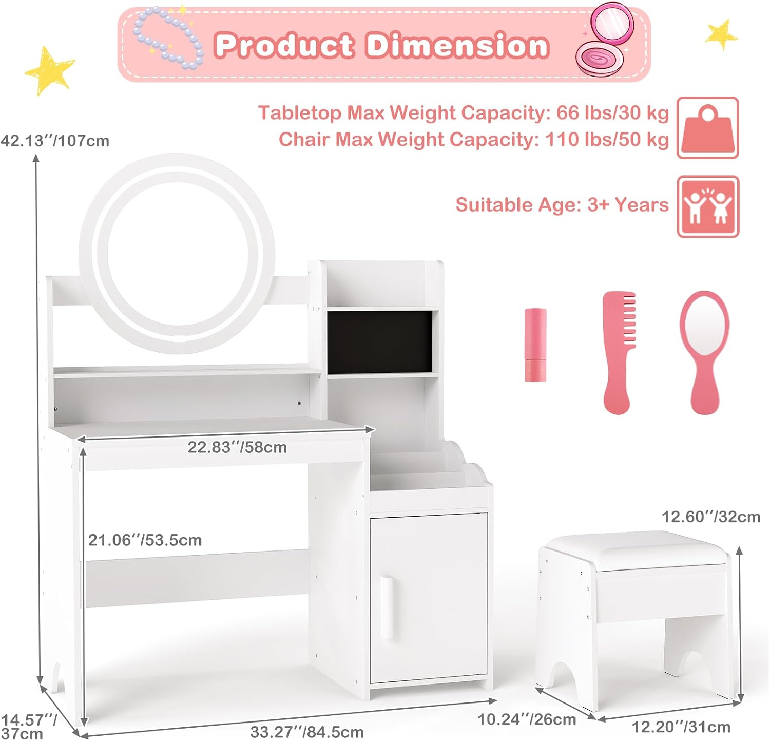 INFANS Kids Vanity with Lights, Princess Makeup Desk with Mirror Storage Shelves, Toddler Table and Chair Set Pretend Play for Girls Aged 4-9 (Cream White)