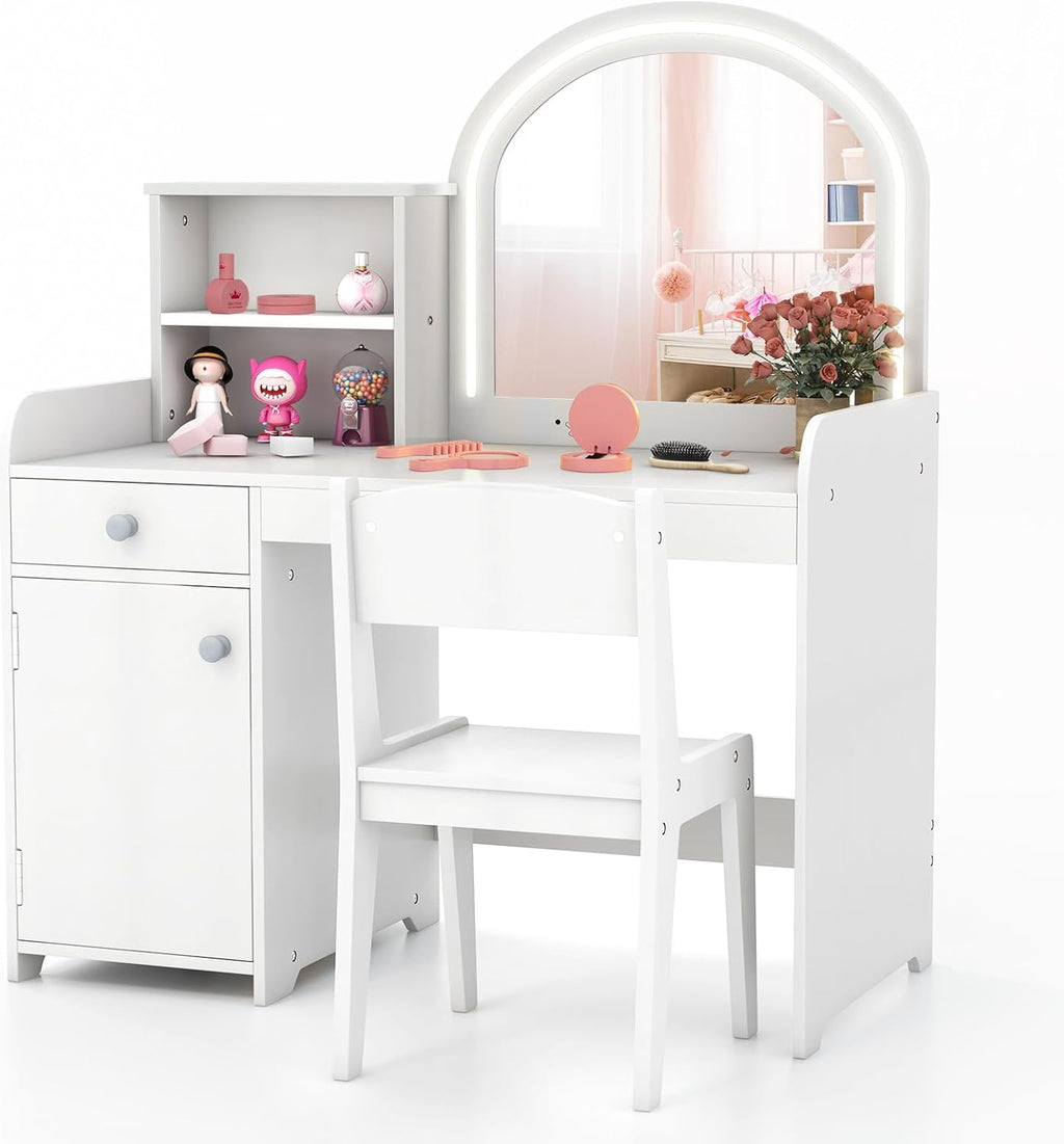 HONEY JOY Kids Vanity with Lights, Little Girls Vanity Set with Mirror and Stool and Lights, Wooden Princess Makeup Dressing Table, Storage Cabinet, Pretend Play Kids Vanity Table and Chair Set(White)