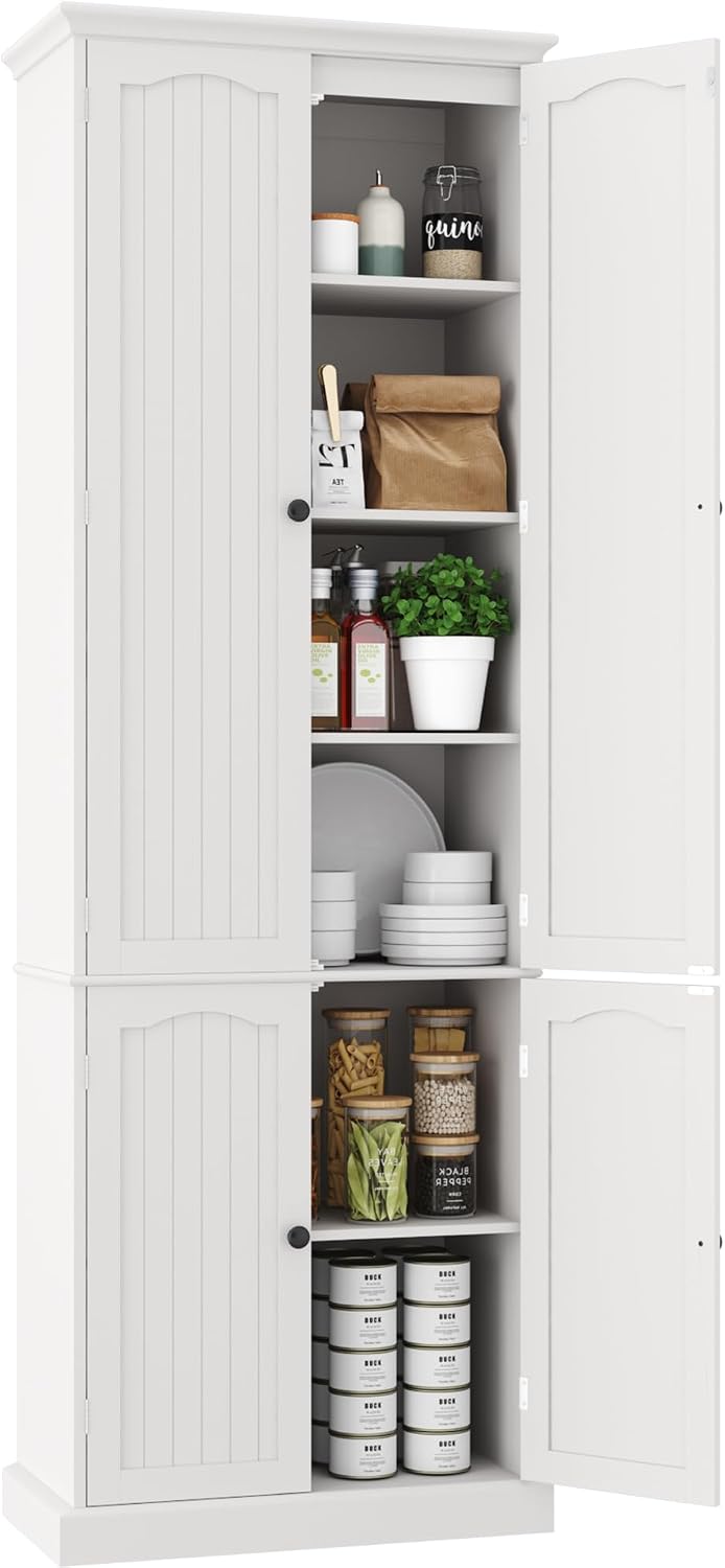 Function Home 72' Kitchen Pantry Cabinet, Tall Wood Storage Cabinet with Doors and Adjustable Shelves, 6-Tier Freestanding Cupboard for Kitchen Dining Room Living Room Bathroom, White