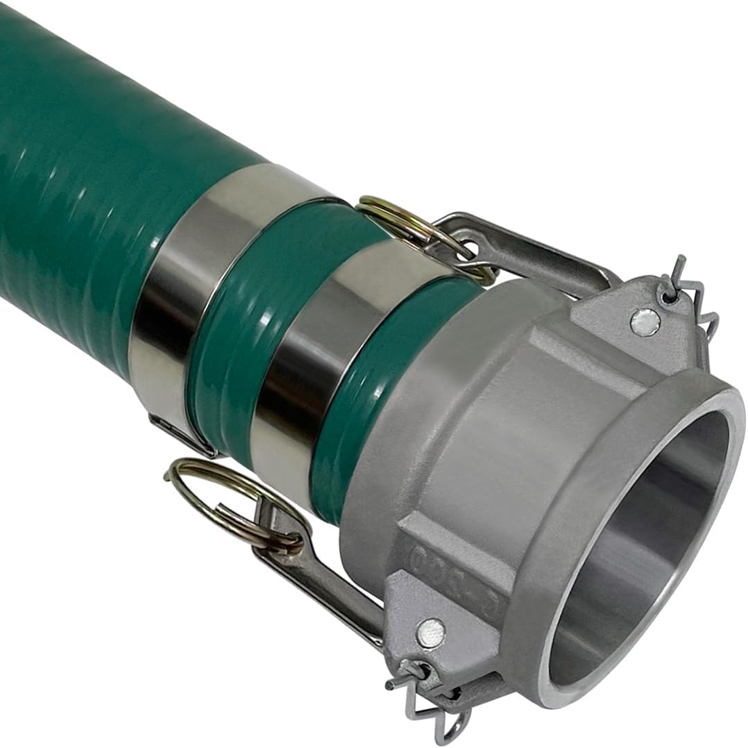 Gloxco Heavy Duty Green PVC Suction Hose Assembly for Water Transfer, 2' Inside Diameter, Installed Male x Female Cam and Groove Fittings, 40 ft Length