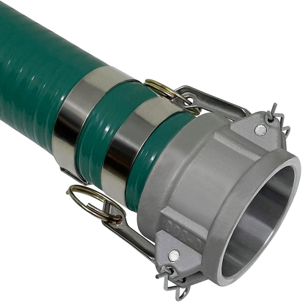 Gloxco Heavy Duty Green PVC Suction Hose Assembly for Water Transfer, 2' Inside Diameter, Installed Male x Female Cam and Groove Fittings, 33 ft Length