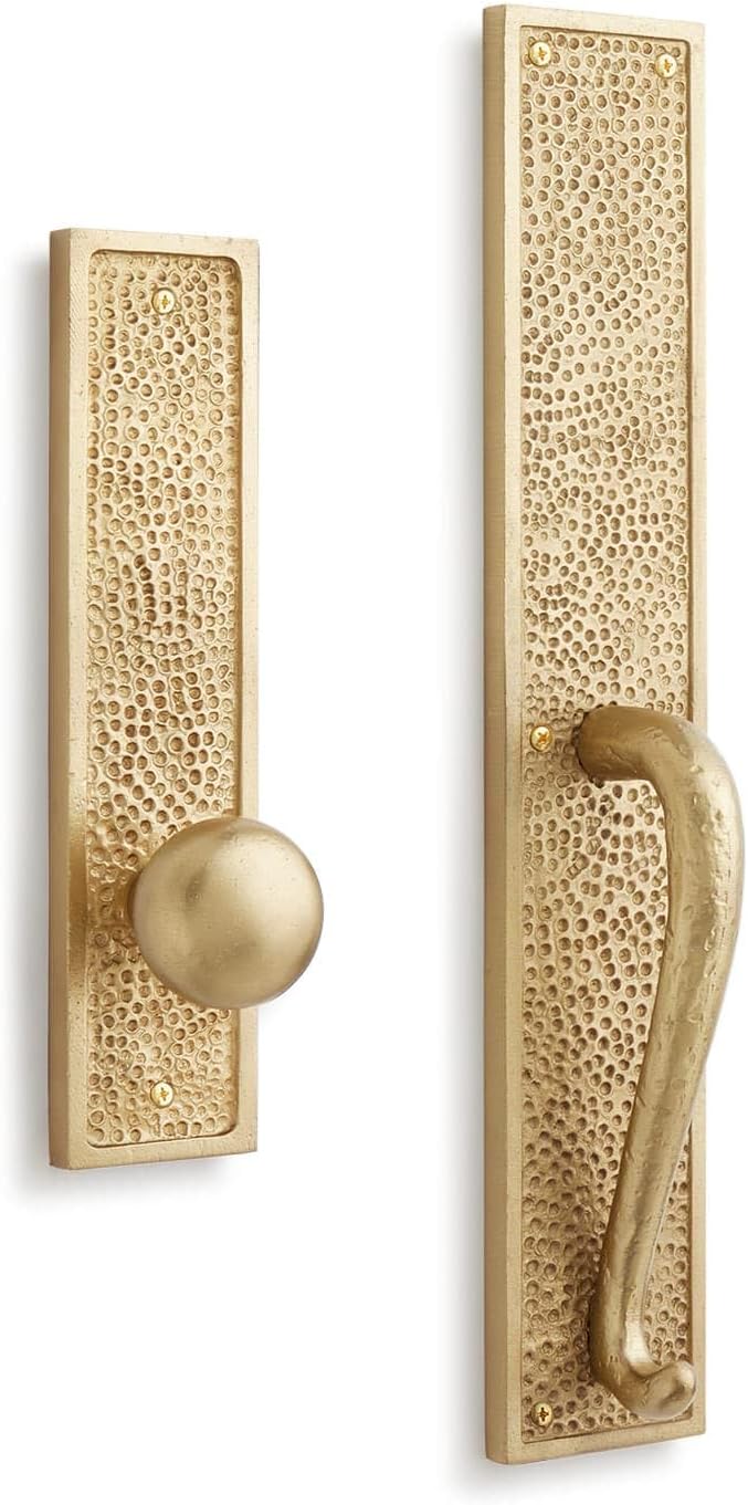 Signature Hardware 441544 Traeger Solid Brass Hammered Style Full Plate Dummy Door Handleset with Interior Knob