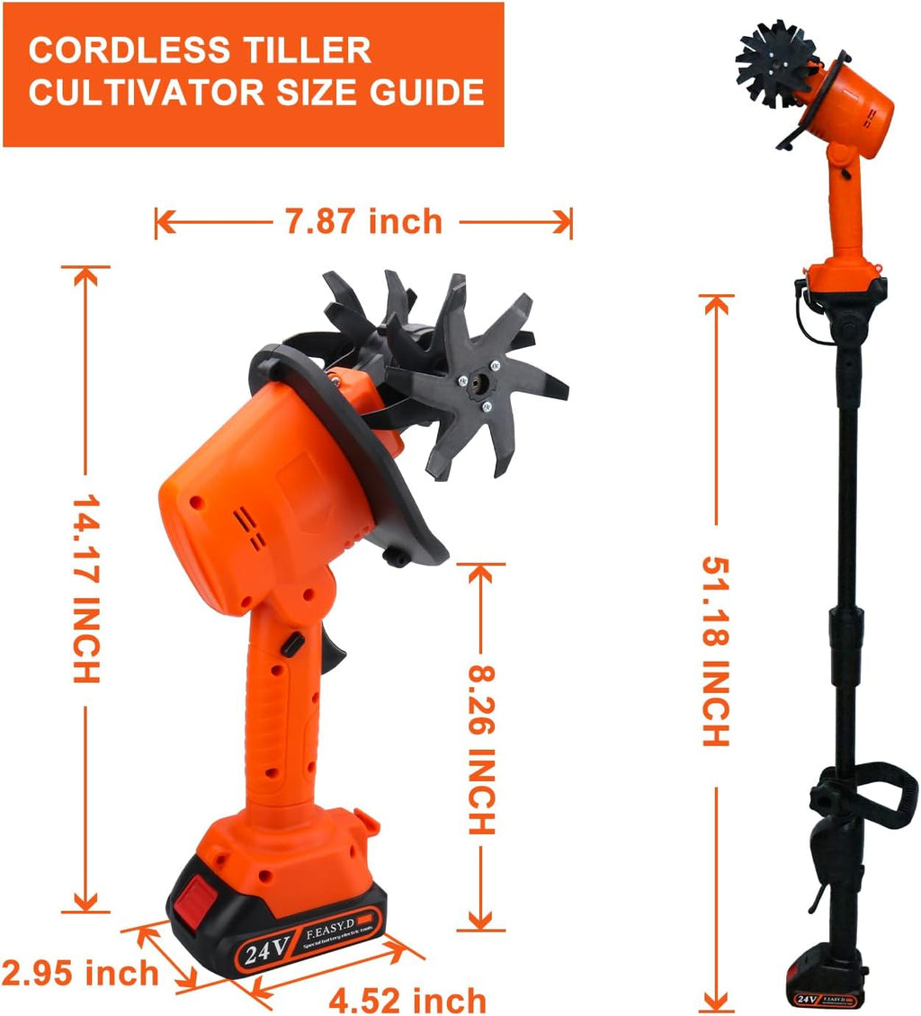 24V Cordless Tiller Cultivator, 4-Inch Tilling Width and Depth, Handheld with Extension Rod, 235 RPM Electric Garden Tiller, Lightweight 1.2kg Body, 2 × 1.5Ah Batteries & Charger.