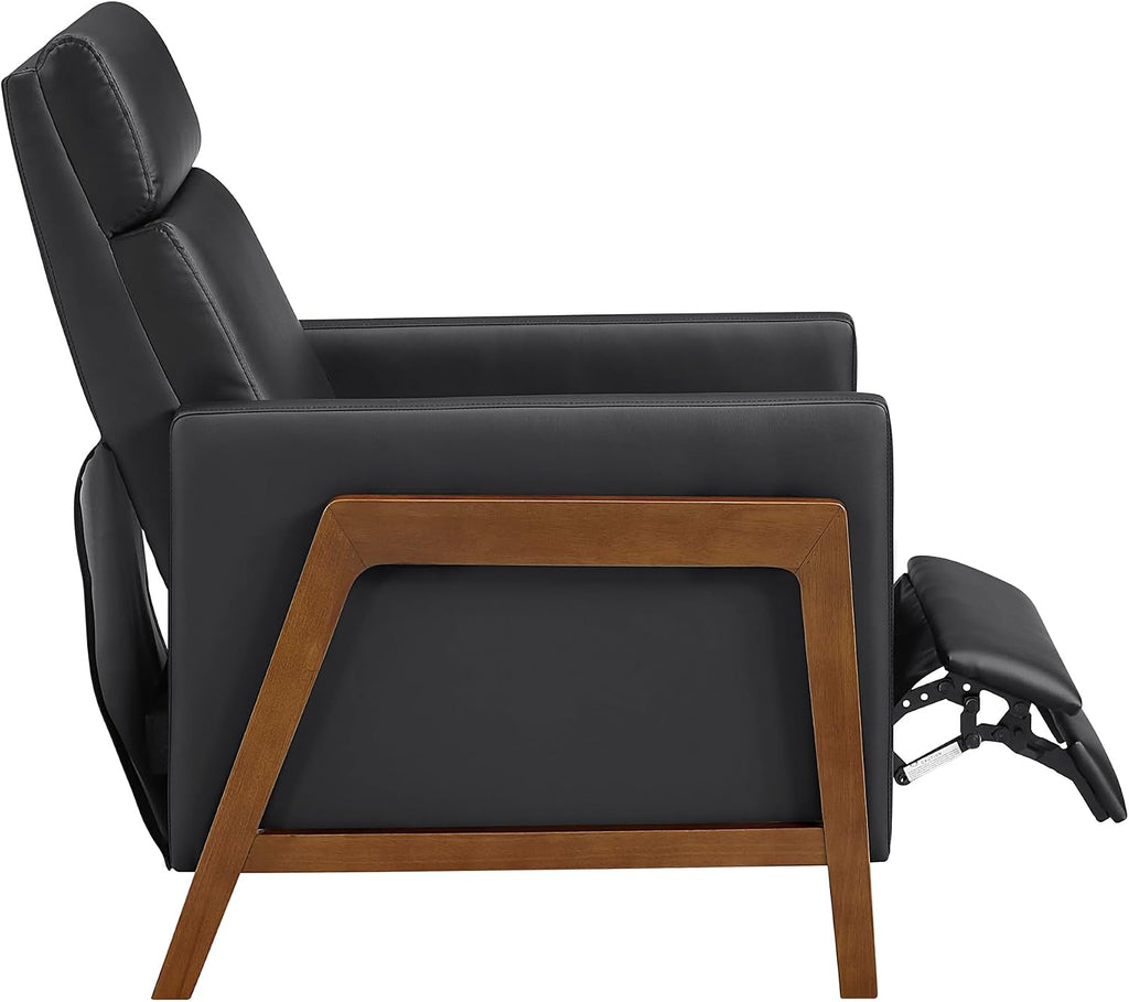 Lexicon Push Back Recliner Chair, Faux Leather Upholstered Reclining Chair with Footrest, Exposed Dark Brown Finish Wood Frame, Small Recliner for Small Space, Living Room, Bedroom, Black