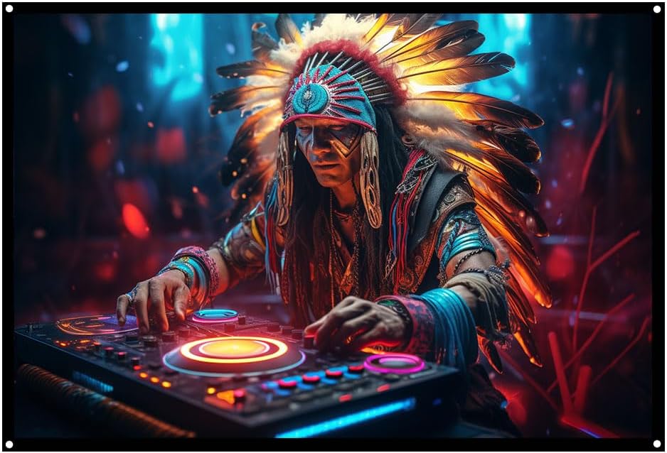 Cyberpunk Shaman DJ, UV tapestry, Blacklight Reactive Wall Hanging, Neon Backdrop, Party Decor, Psychedelic Tapestry, Visionary Wall Art (Large)