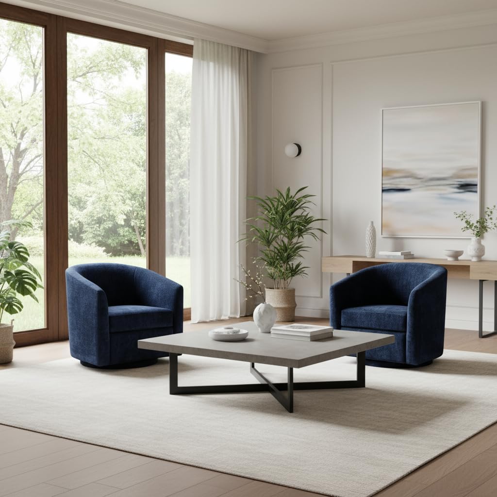 Zihanhome Chenille Swivel Accent Chair, Living Room Chairs, No Assembly Upholstered Armchair, 360°Rotating Barrel Chair for Bedroom, Apartment & Reading Nook (1, Dark Blue)