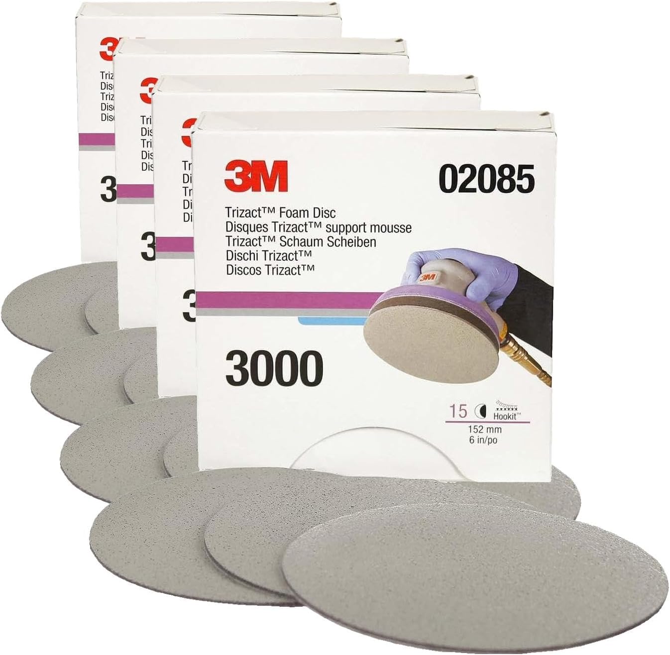 3M Trizact Hookit Foam Disc, 02085, 6 in, P3000, 15 Discs per Carton,Blue751 (Pack of 4)