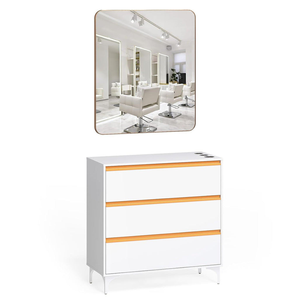 OmySalon Salon Station for Hair Stylists, Barber Free Standing Styling Cabinet with 3 Drawers, Square Mirror & Hair Dryer Holders, Modern White Gold Beauty Dresser for Salon, Spa, Home