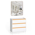 OmySalon Salon Station for Hair Stylists, Barber Free Standing Styling Cabinet with 3 Drawers, Square Mirror & Hair Dryer Holders, Modern White Gold Beauty Dresser for Salon, Spa, Home