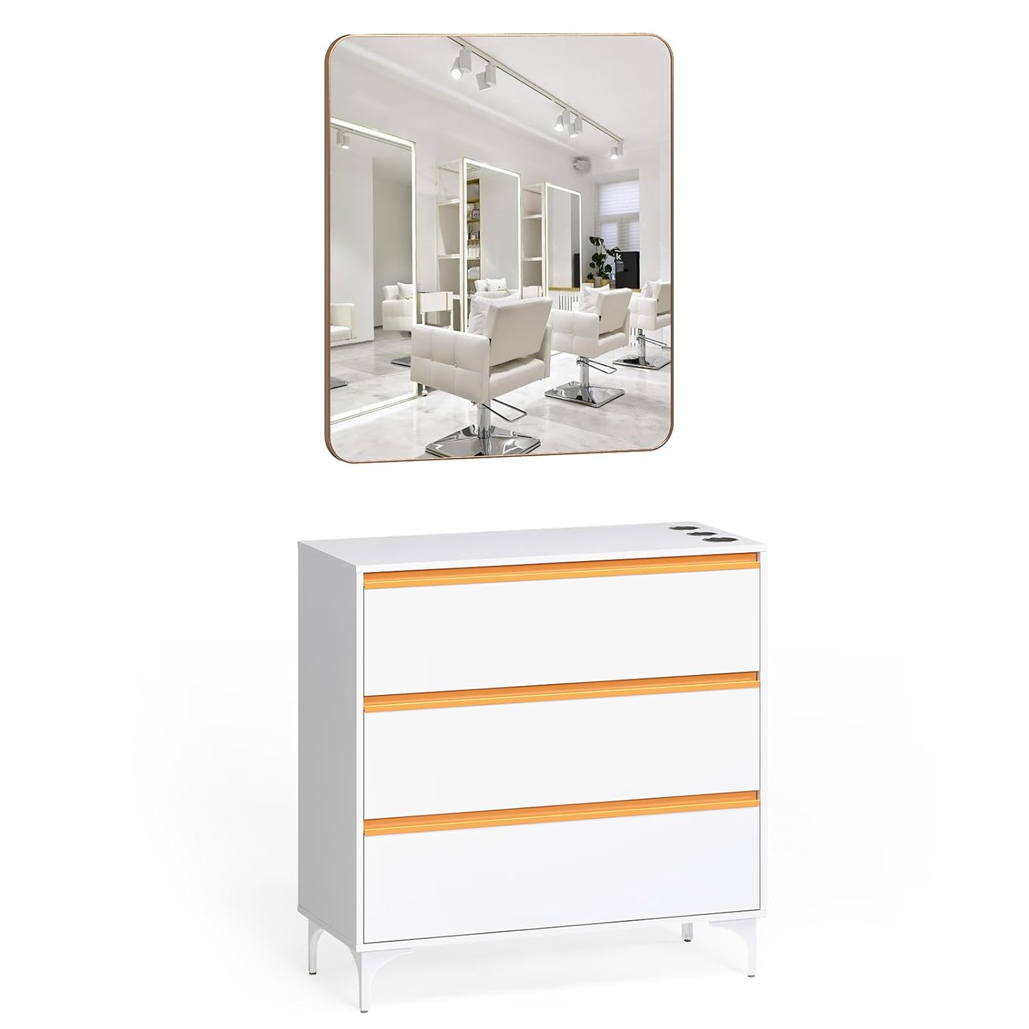 OmySalon Salon Station for Hair Stylists, Barber Free Standing Styling Cabinet with 3 Drawers, Square Mirror & Hair Dryer Holders, Modern White Gold Beauty Dresser for Salon, Spa, Home