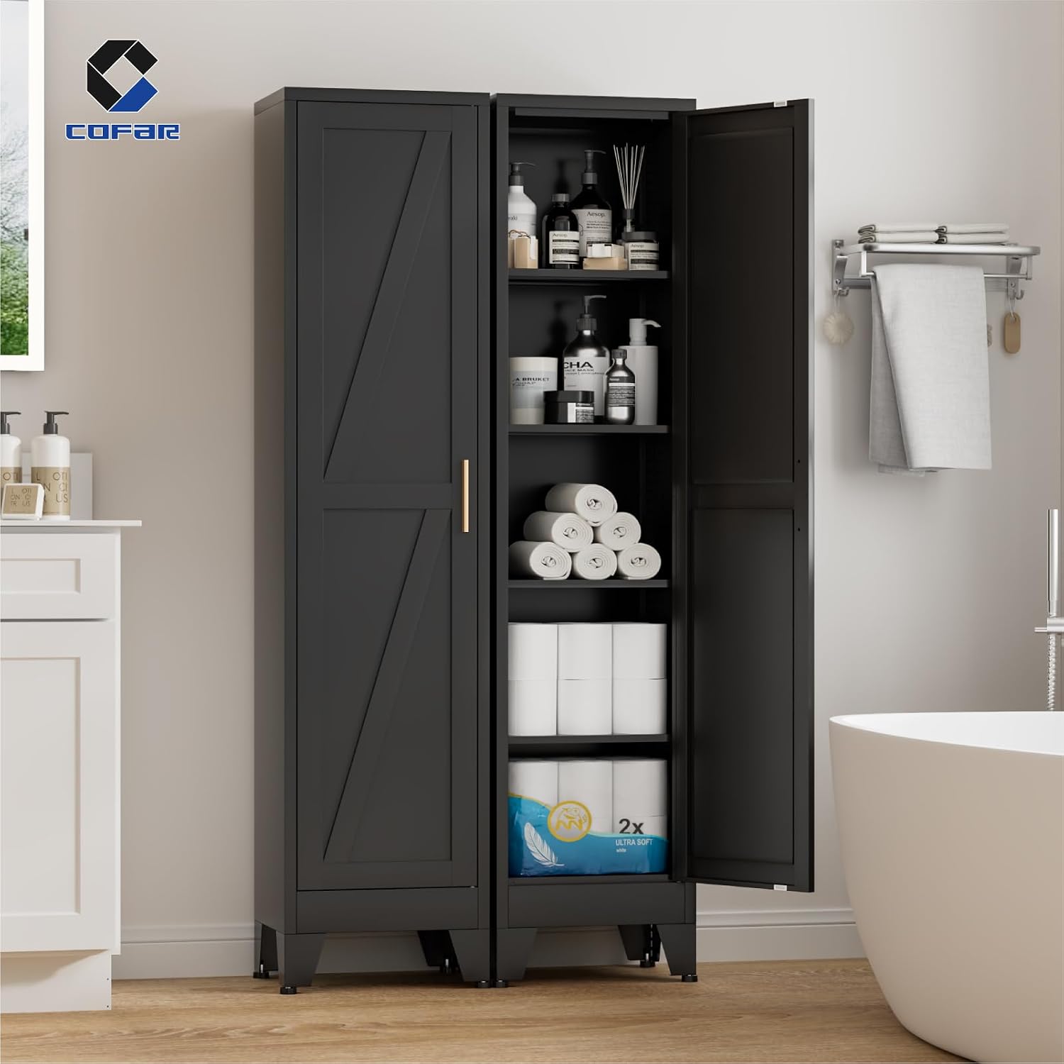 COFaR 67'' Tall Slim Bathroom Storage Cabinet, Metal Narrow Pantry Cabinet with 4 Adjustable Shelves and One Door, Skinny Cabinet Storage for Kitchen Laundry, Black Farmhouse 5 Tiers