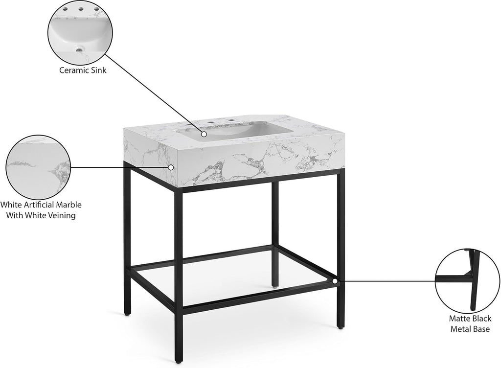 Meridian Furniture 407White-30 Marmo Collection Modern | Contemporary Bathroom Vanity with White Engineered Stone with Grey Veining, Matte Black Metal Base, 30' W x 23' D x 34' H, Black
