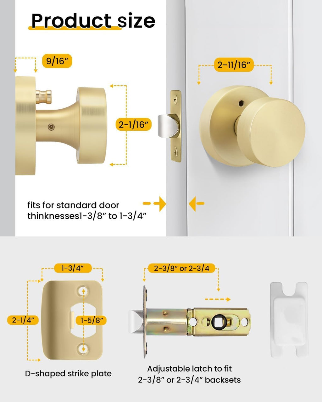 Goldenwarm Gold Door Knobs Interior, Zinc Alloy Brushed Gold Privacy Door Knob, Interior Door Knobs for Bedroom, Bathroom, Brushed Brass Indoor Door Knob, Heavy Duty Round Ball (5 Pack)