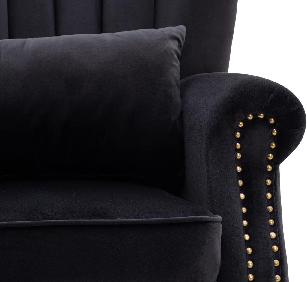 Kmax Black Accent Chair Velvet Wingback Chair with Pillow Nail-Head Channel Tufted Oversized Club Chair for Living Room Bedroom Guest Room