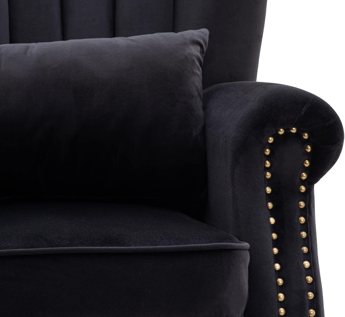 Kmax Black Accent Chair Velvet Wingback Chair with Pillow Nail-Head Channel Tufted Oversized Club Chair for Living Room Bedroom Guest Room