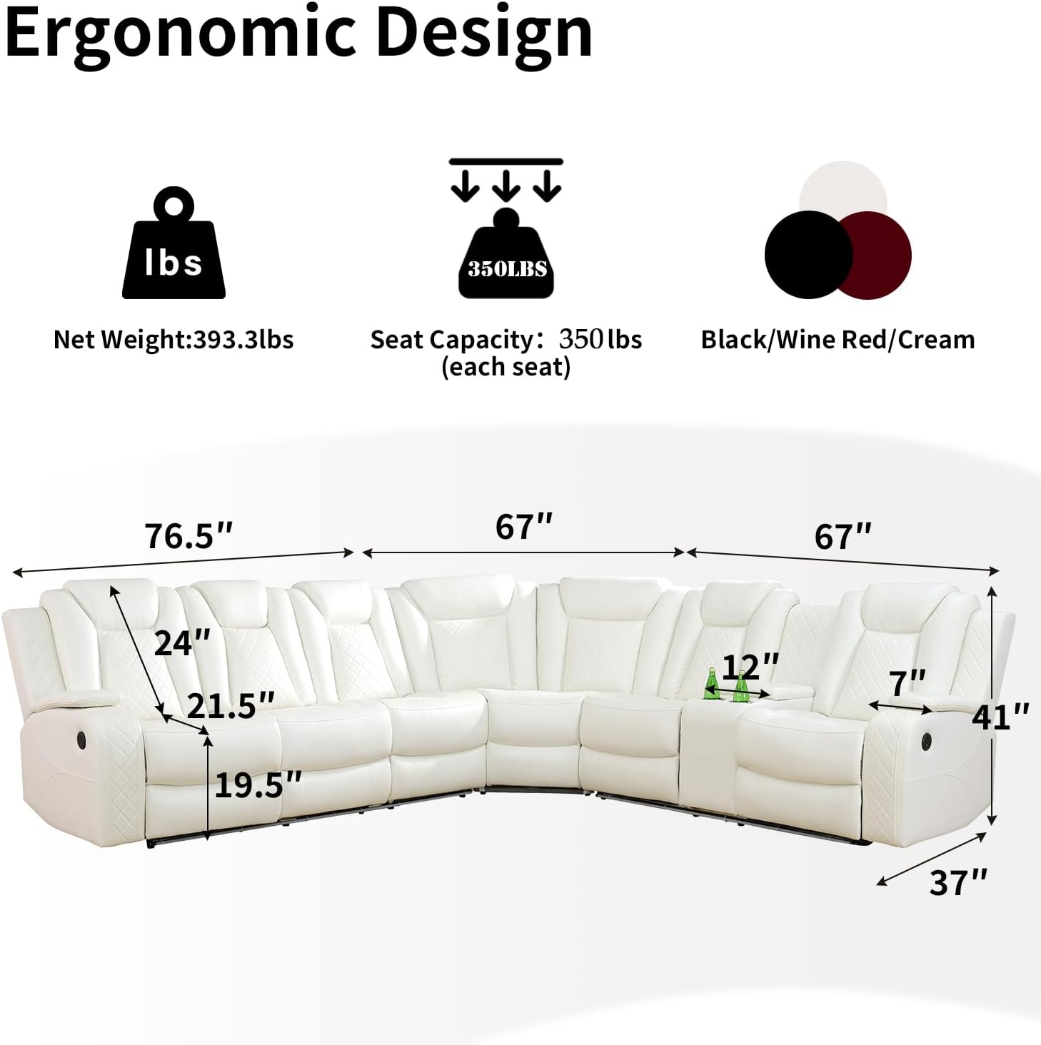 Power Recliner Sofa Sectional Couch with LED Light for Living Room,Leather Reclining Corner Sectional Sofa with 2 Recliner Seats,Cup Holder,Storage Console for House/Home Theater, Creamy