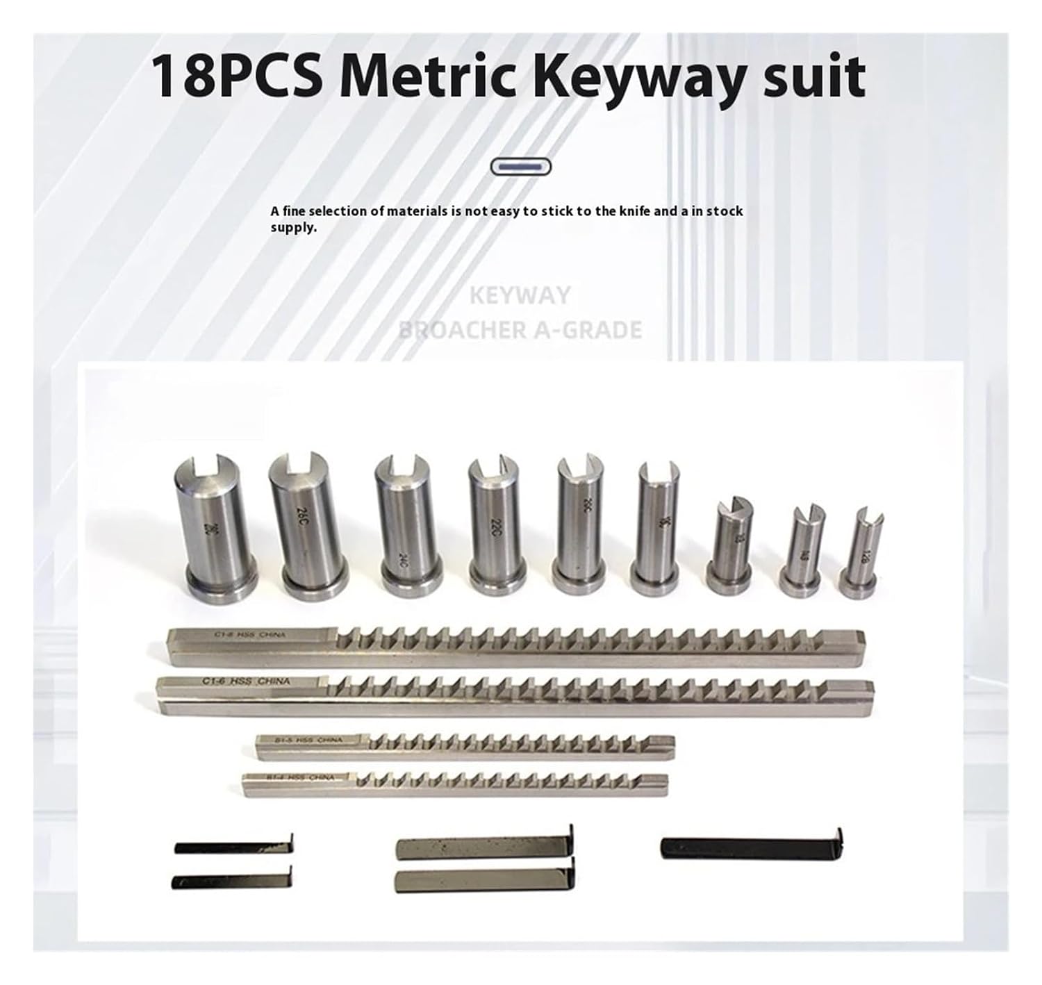 18Pcs HSS Keyway Broach Sets B-4mm, B-5mm, C-6mm, C-8mm Metric Size Broaching Cutting Tools for CNC Lathe Heat Resistance