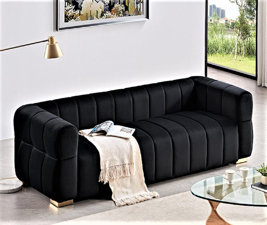 Container Furniture Direct Art Deco Velvet Sofa with Tufted Low Back Design, Sophisticated 3 Seater Couch for Living Rooms, 89 Inch Wide, Easy Assembly, Black