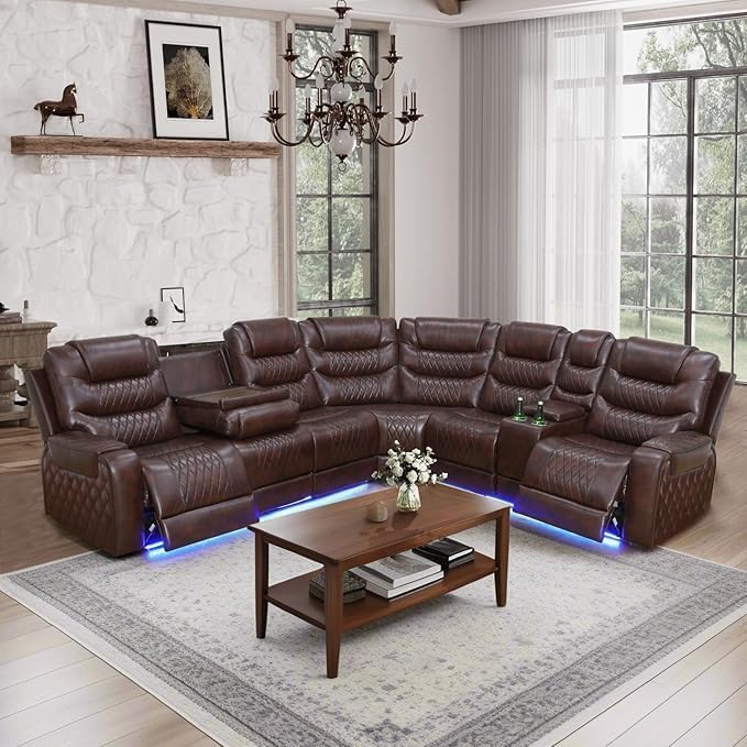 Living Room Furniture Set, Power Reclining Sofa Set, Air Leather Recliners with Built-in USB Ports and Storage Console, LED Reclining Couch Set for Living Room (Wine, Sectional)