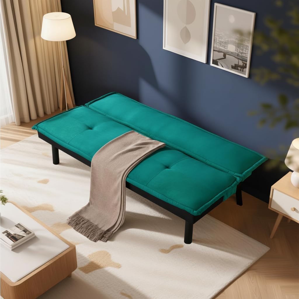Futon Sofa Bed Couch, 64.6' Convertible Sleeper Sofa with 5 Positions Adjustable Backrest, Velvet Couch Bed with Solid Wood Frame for Home Office Living Room Guest Dorm, Green