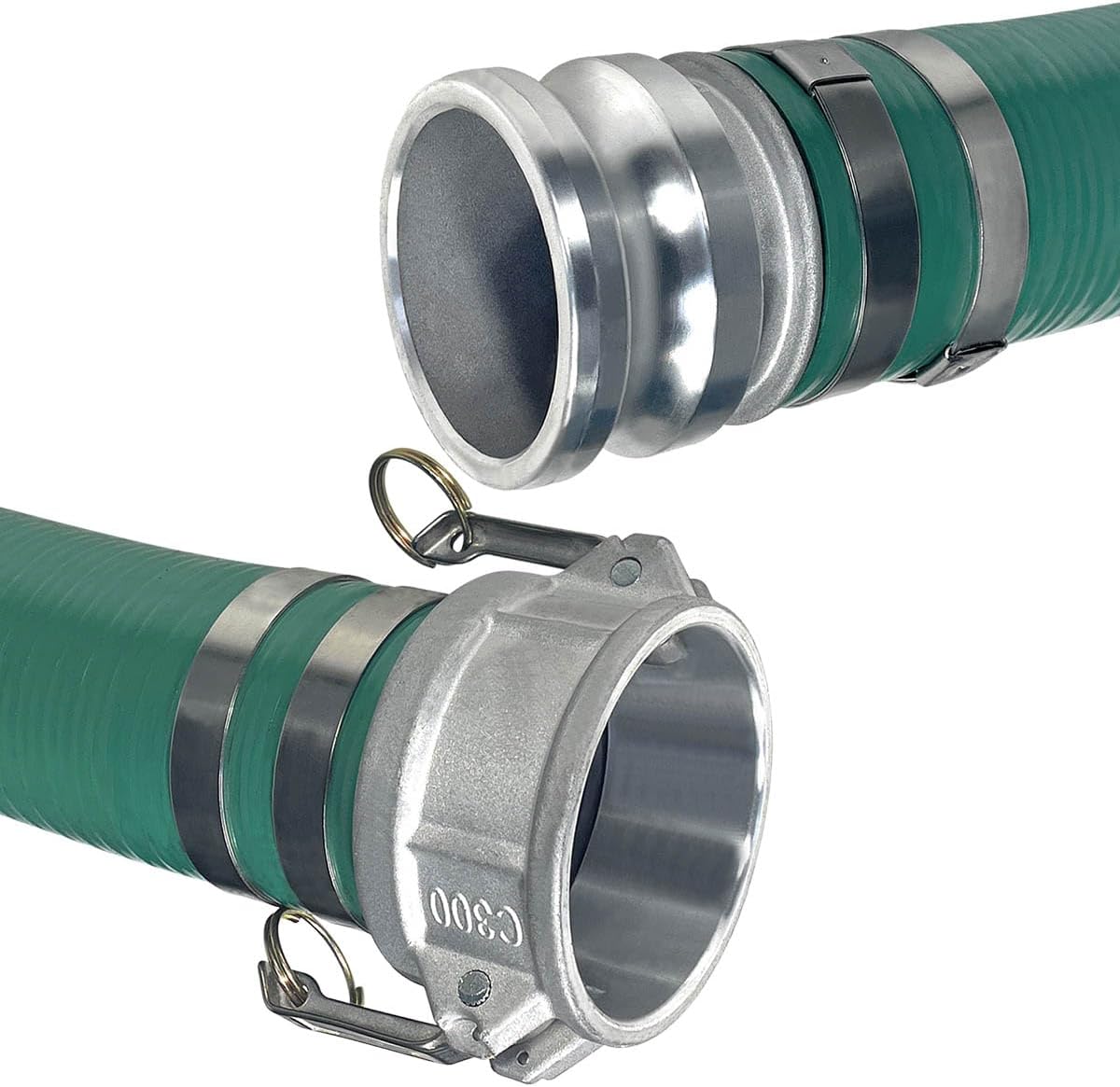 Gloxco Heavy Duty Green PVC Suction Hose Assembly for Water Transfer, 3' Inside Diameter, Installed Male x Female Cam and Groove Fittings, 20 ft Length