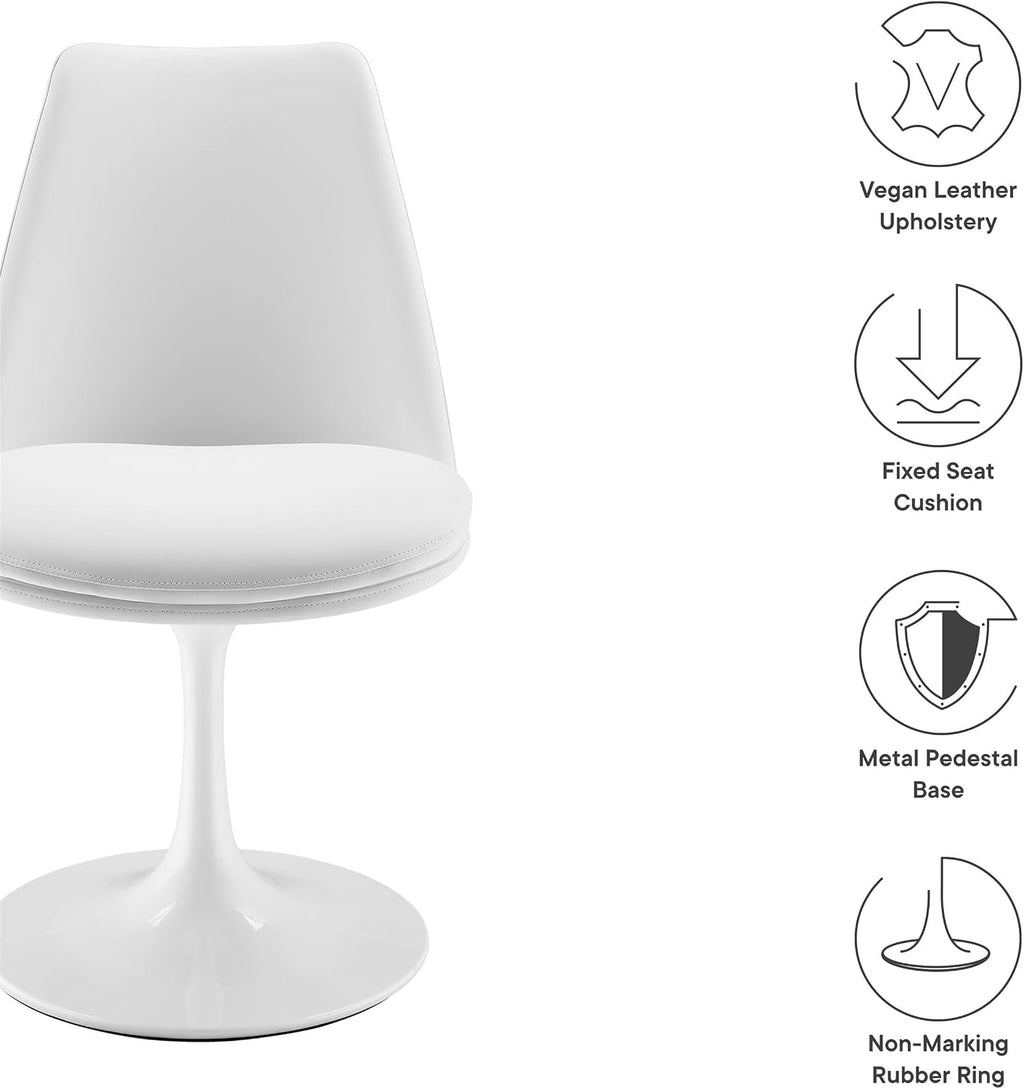 Modway Lippa Faux Leather Swivel Dining Side Chair in White White - Armless Vegan Leather Accent Chair with Pedestal Base - 360° Rotating Office Chair with No Wheels