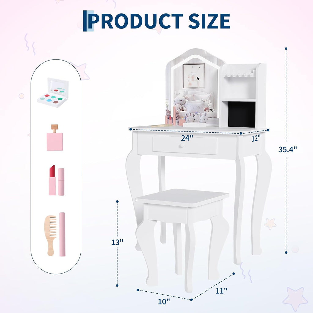 GarveeHome Kids Vanity with Lighted Mirror, Toddler Vanity Table and Chair Set, Girls Makeup Playset, White