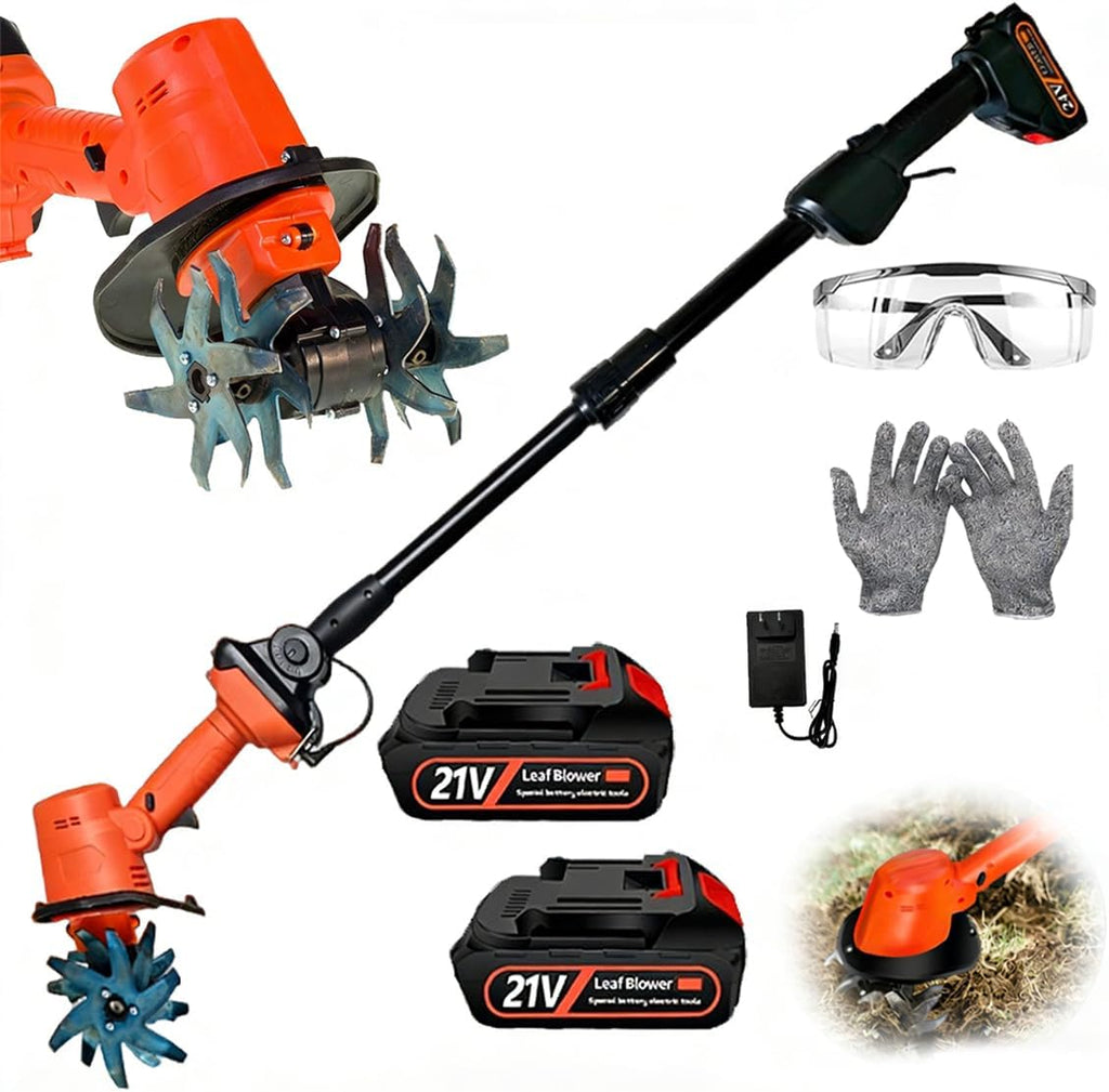 21V Cordless Tiller for Gardening, 360 RPM Electric Garden Tiller, 2-in-1 Powered Mini Cultivator with 2×2.0Ah Batteries & Charger, 5' Tilling Width, 4' Depth, for Lawn/Soil Cultivation (with Pole)