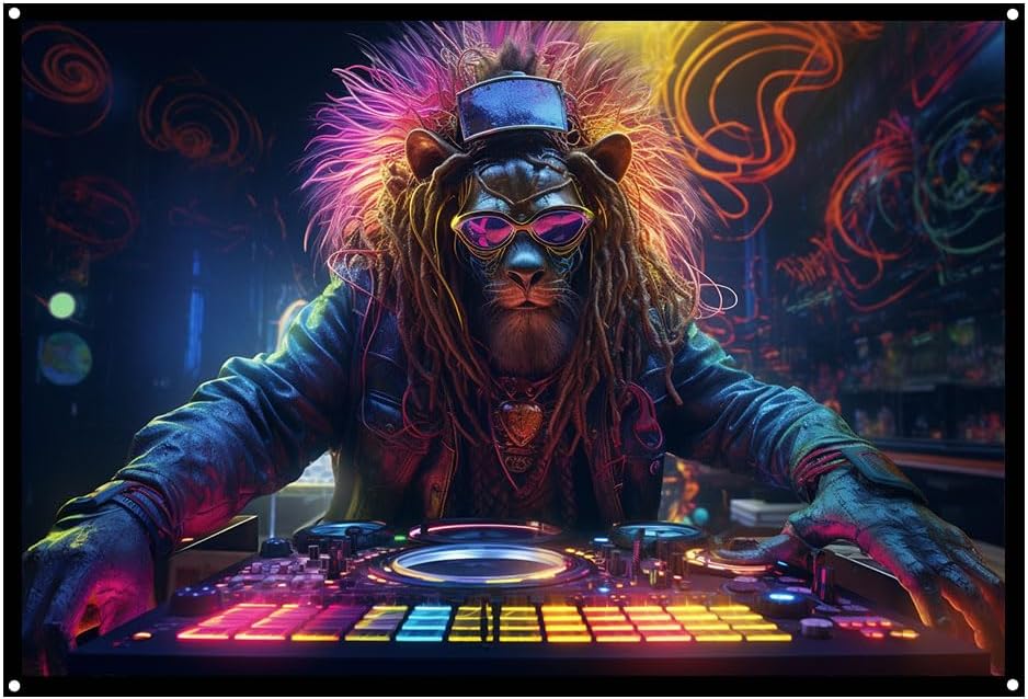 Cyberpunk Rasta Lion DJ, UV tapestry, Blacklight Reactive Wall Hanging, Neon Backdrop, Party Decor, Psychedelic Tapestry, Visionary Wall Art (Large)