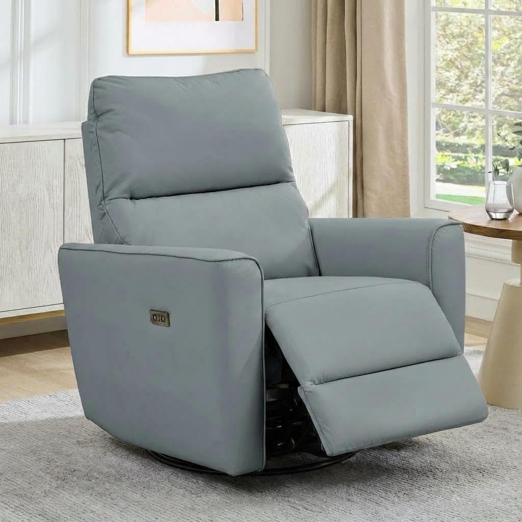 GarveeHome Power Recliner Chair, 270° Swivel Rocking Glider with USB Charging Port, PU Leather Upholstered Fabric, Ergonomic Modern Nursery Chair for Living Room, Bedroom, Nursery (Gray)