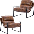 Ya-Home Mid-Century Accent Chair Set of 2, Comfy PU Leather Side Chair with Armrest, Upholstered Leisure Chair with Black Metal Frame for Living Room Bedroom Reception Room, Brown