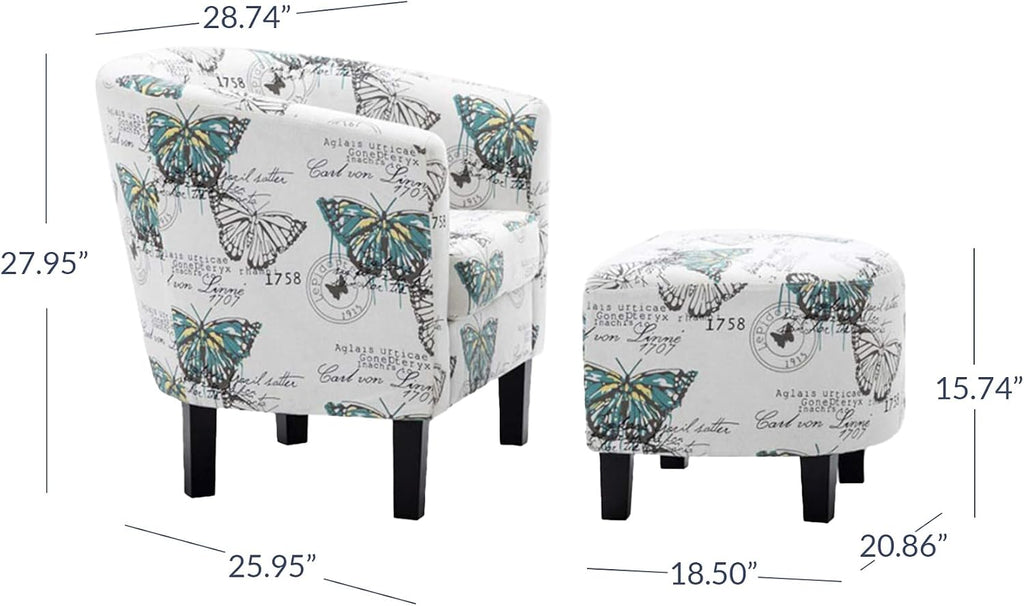 BELLEZE Accent Ottoman Set, Modern Upholstered Curved Back Chair, Barrel Round Tub Reading Chair and Footrest for Living Room Bedroom - Butterfly White/Linen