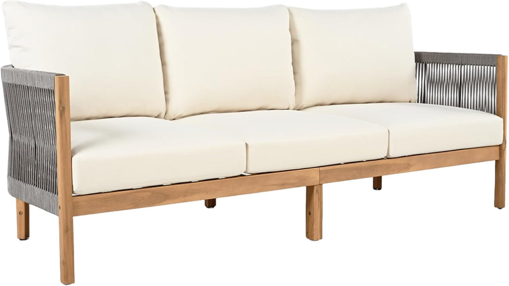 Christopher Knight Home Havets 77'W Outdoor 3 Seater Sofa, 6' Thick Cushion Couch, Acacia Wood Bench Sofa, Comfy Woven Rope Armchair, Spacious Seating Bench Couch for Backyard Garden Porch, Gray+Beige