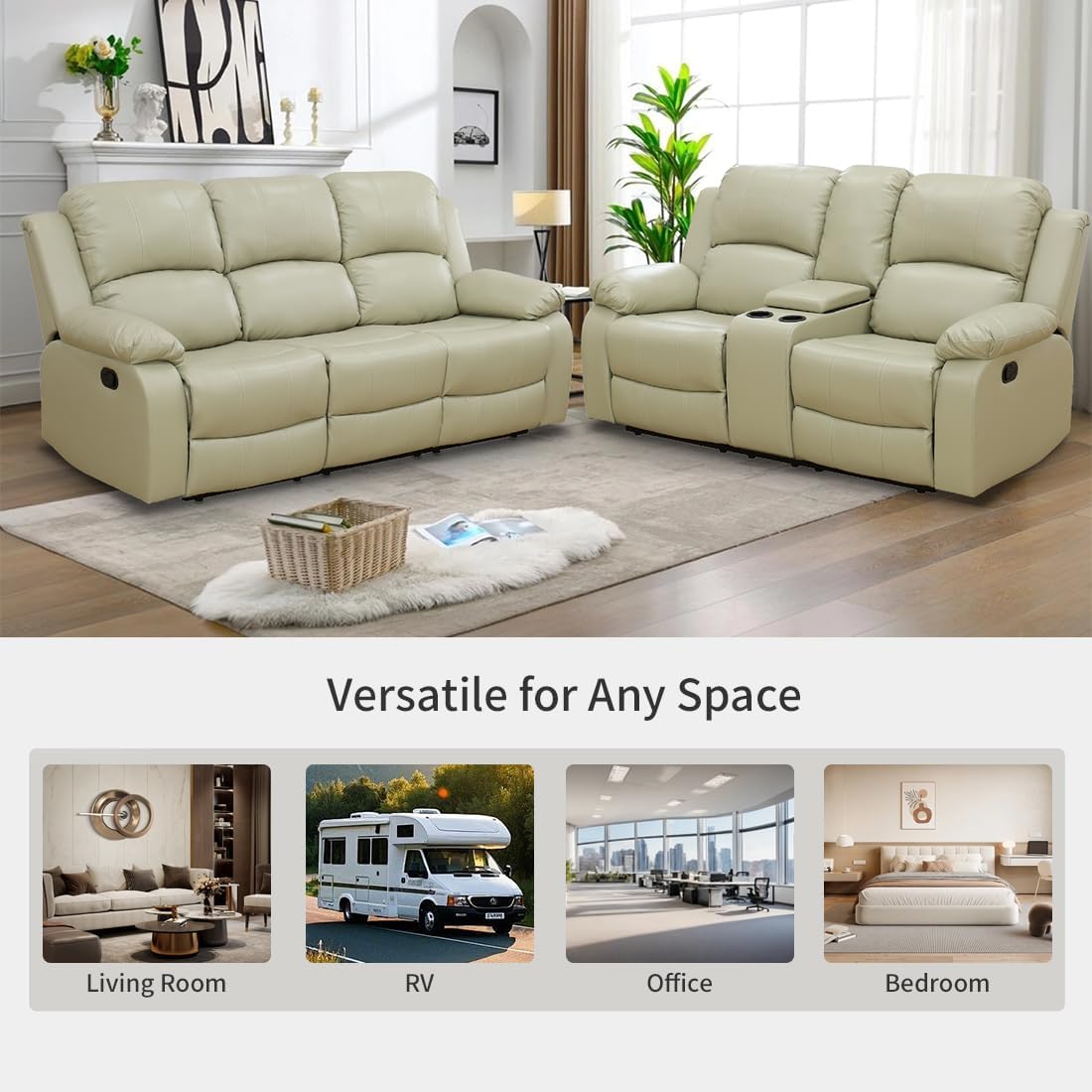 Living Room Furniture Sets, Manual Reclining Sofa and Lovseat Set with Drop-Down Table, Leather Recliner Couch Sets, Recliner Sofa with Storage Console/Cup Holder for Home/Apartment(Beige)